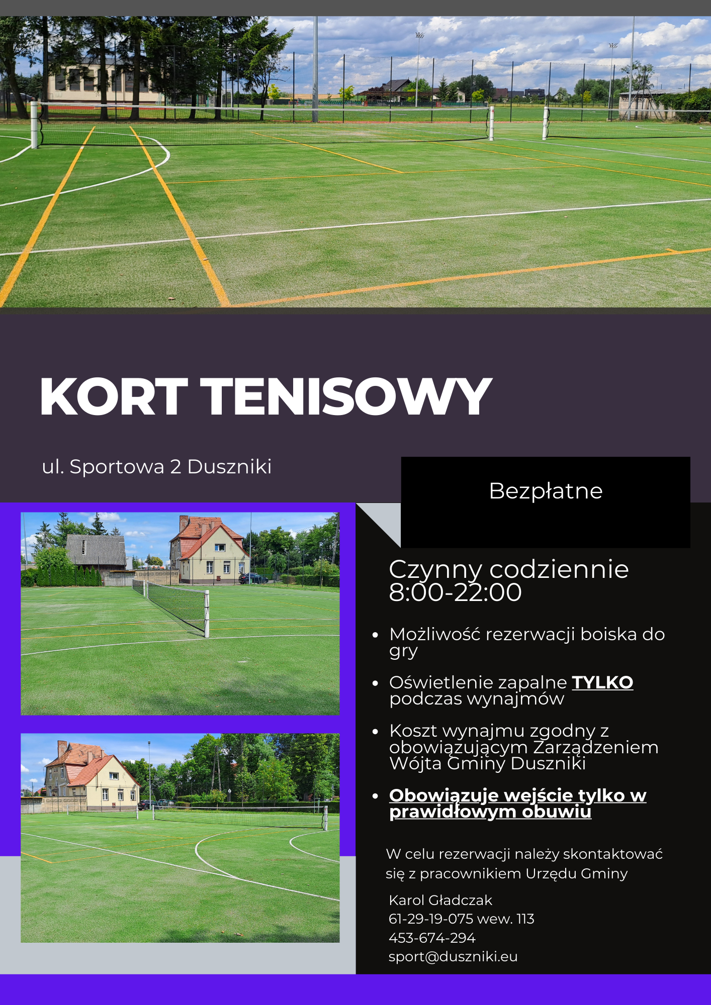 Grafika informacyjna kortu tenisowego w Dusznikach